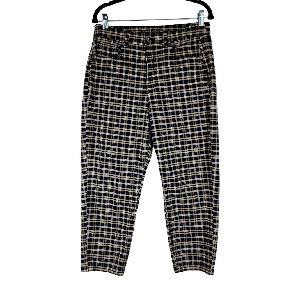 American Eagle Plaid Capri Pant sz 12 XSH Short Women Black Yellow 32x23 Stretch